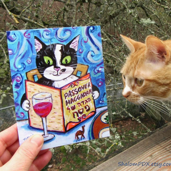 Happy Passover Cat Cards, Pesach Sameach, Funny Jewish Art, Whimsical Judaica, Tuxedo Cat Painting, Hebrew, Whimsy Passover Seder, Cat Lover