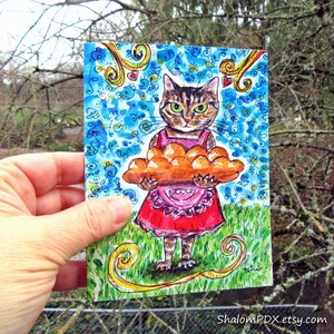 Cartões de gato malhado, conjunto de cartões de anotações, pintura de pão chalá, desenho de gato engraçado, papelaria de comida judaica, impressão de gato em aquarela, arte de Shabat Shalom