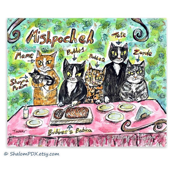 Original Watercolor, Jewish Cat Family, Chocolate Babka, Mishpocheh, Yiddish Dictionary, Whimsical, Funny Judaica Wall Art, Cat People Gift