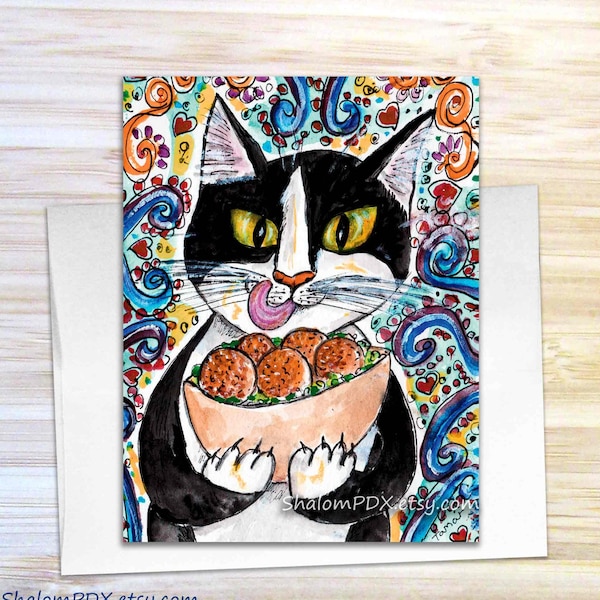 Tuxedo Cat Eating Falafel Pita Sandwich, Funny Note Card Set, Israeli Street Food, Watercolor Painting Print, Funny Cat Art, Cat Stationery