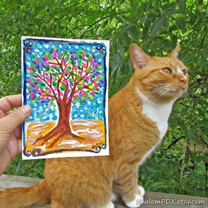 Tarjeta de felicitación del Árbol de la Vida pintada a mano, cielos turquesas, arte único, perfecta para enmarcar o regalar, interior en blanco con sobre incluido.