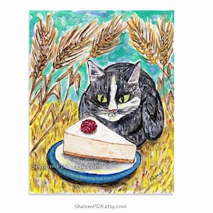 Original Watercolor for Cat and Cheesecake Lovers, Shavuot gift, Tuxedo Cat and Shavuot Cheesecake in a Wheat Field, Cheesecake artwork