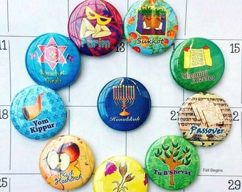 Jewish Holidays Calendar 1.5" Magnet Set, Pinback Buttons, Passover, Hanukkah, Purim, Judaica Gift, Rosh Hashanah, Shavuot, Sukkot, Pins