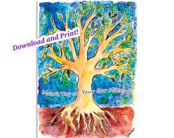Printable Bar Mitzvah Card, Digital Download, Tree of Life, Mazel Tov Art, Instant Download & Print, Watercolor Print, Judaica Artwork