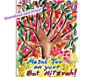 Printable Bat Mitzvah Card, Digital Download, Tree of Life, Mazel Tov, Instant Download & Print ,Hebrew, Watercolor Print, Judaica Artwork