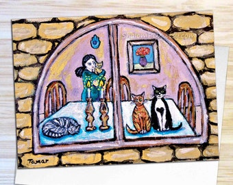 Shabbat Shalom Card, Jewish Cat Art, Cat Mom, Shabbat Candlesticks, Cat on Table, Painting Print, Funny Jewish Artwork, Cat Lady Gift Idea