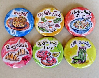 Jewish Food Magnets, Matzo Ball Soup, Passover Gift, Gefilte Fish, Bagel with Lox, Judaica Holiday Art, Shabbat Shalom, Food Illustrations,