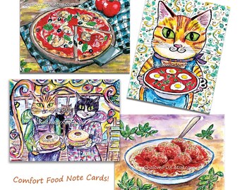 Comfort Food Note Cards, Cat and Food, Pizza Painting, Notecard Set, Bagel Bakery, Funny Cat Drawing, Spaghetti and meatballs, Lox Bagel Art