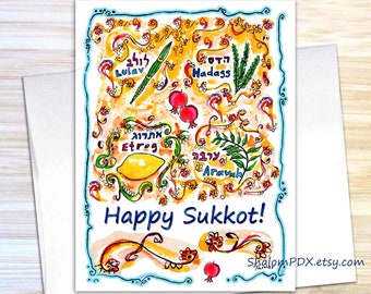 Sukkot Cards, Jewish New Year, Four Species Drawing, Jewish Holidays Greeting Cards, 4 Kinds of Israel Plants, Etrog Painting, Whimsical