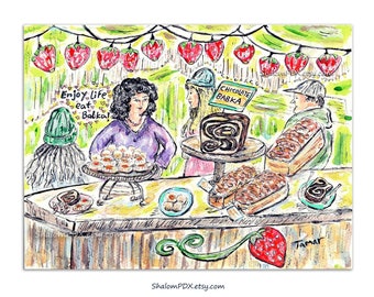 Original Watercolor Painting, Chocolate Babka, Strawberry, Art for Kitchen, Coffee Cake Drawing, Jewish Food Deli, Whimsical Judaica Art
