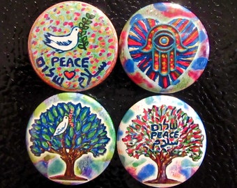 Shalom Salam Peace 1.5" Magnet Set, Art for Peace in the Middle East, Peace Dove, English Hebrew Arabic Gift, Hamsa Hand Art, Gift of Hope