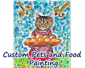 Custom Watercolor Painting, Cat Gift, Pet Portrait, Jewish Food, Challah, Baking, Babka, Cat Mom, Whimsical Judaica Art, Bagel, Dog Portrait