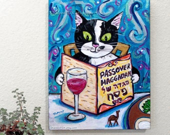 Original Painting, Passover Gift, Cat Reading Pesach Haggadah, Whimsical Judaica Art, Funny Jewish Artwork, Tuxedo Cat Lover, Jewish Cat Mom