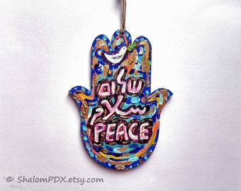 Shalom, Salam, Peace, Hamsa Hand Painted Sign, Art for Peace in the Middle East, Peace Dove Painting, Judaica Art, English Hebrew Arabic