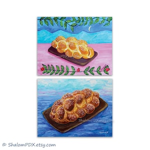 Presente judaico, cartões de visita, pão chalá, arte judaica, Shabat Shalom, impressão de arte judaica surreal, pintura de tabuleiro chalá, arte culinária judaica