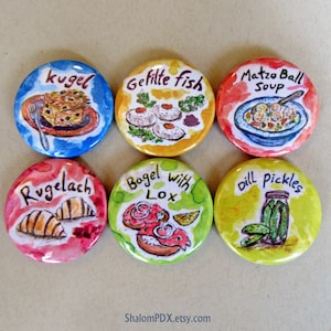 Jewish Food Magnets, Matzo Ball Soup, Passover Gift, Gefilte Fish, Bagel with Lox, Judaica Holiday Art, Shabbat Shalom, Food Illustrations,