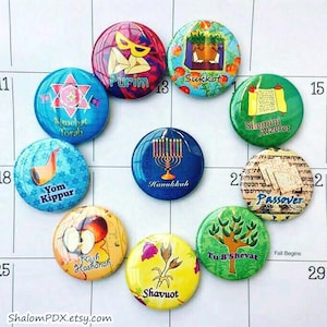 Jewish Holidays Calendar 1.5" Magnet Set, Pinback Buttons, Passover, Hanukkah, Purim, Judaica Gift, Rosh Hashanah, Shavuot, Sukkot, Pins