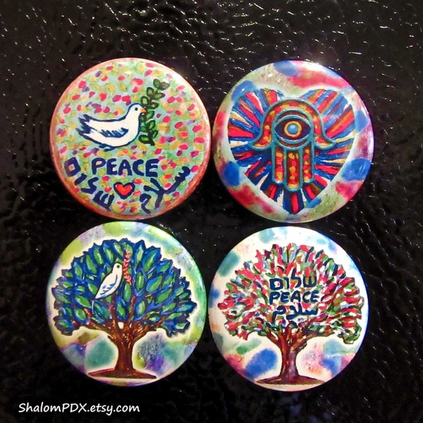Shalom Salam Peace 1.5" Magnet Set, Art for Peace in the Middle East, Peace Dove, English Hebrew Arabic Gift, Hamsa Hand Art, Gift of Hope