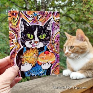 Happy Hanukkah Cards, Funny Chanukah Cat, Jewish Holidays Greeting, Latkes, Sufganiyot, Jewish Food Art, Judaica Watercolor Drawing Print