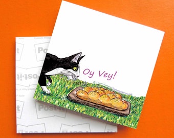 Oy Vey Sticky Notes, 3X3" Post-it Note, Challah Art, Funny Yiddish Gift, Whimsical Judaica, Challah Board Illustration, Notepad for Cat Mom