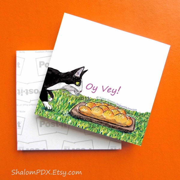 Oy Vey Sticky Notes, 3X3" Post-it Note, Challah Art, Funny Yiddish Gift, Whimsical Judaica, Challah Board Illustration, Notepad for Cat Mom
