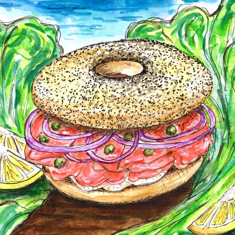 Lox and Cream Cheese Bagel Original Watercolor Art for Etsy