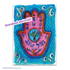 Tarjeta Mazel Tov imprimible, Descarga digital, Descarga e impresión instantánea, Mano Hamsa, Tarjeta judía, Arte hebreo, Árbol de la vida, Etz Chaim, Judaica