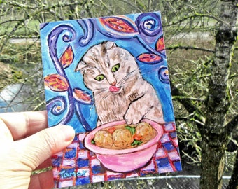Jewish Cat Cards, Matzo Ball Soup, Passover cards, Funny Cat Art, Seder Pesach, Whimsy Judaica Print, Note Card For Jewish Holiday Food Art