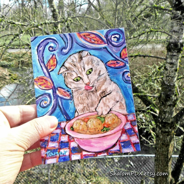 Jewish Cat Cards, Matzo Ball Soup, Passover cards, Funny Cat Art, Seder Pesach, Whimsy Judaica Print, Note Card For Jewish Holiday Food Art