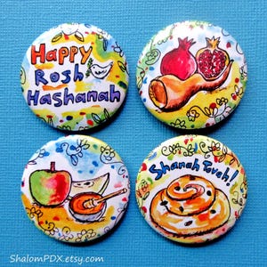 Rosj Hasjana-magneetset, judaicakunst, appel, granaatappel, challah
