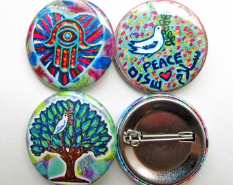 Shalom Salam Peace 1.5" Pin Back Button Set, Peace Dove, Peace Theme, English Hebrew Arabic Gift, Art for Peace, Hamsa Hand, PinBack Buttons