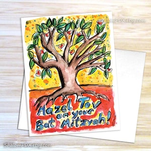 Carte Mazel Tov Bat Mitzvah, cadeau pour fille juive, impression aquarelle arbre de vie coloré et fantaisiste, carte de célébration juive unique, vierge
