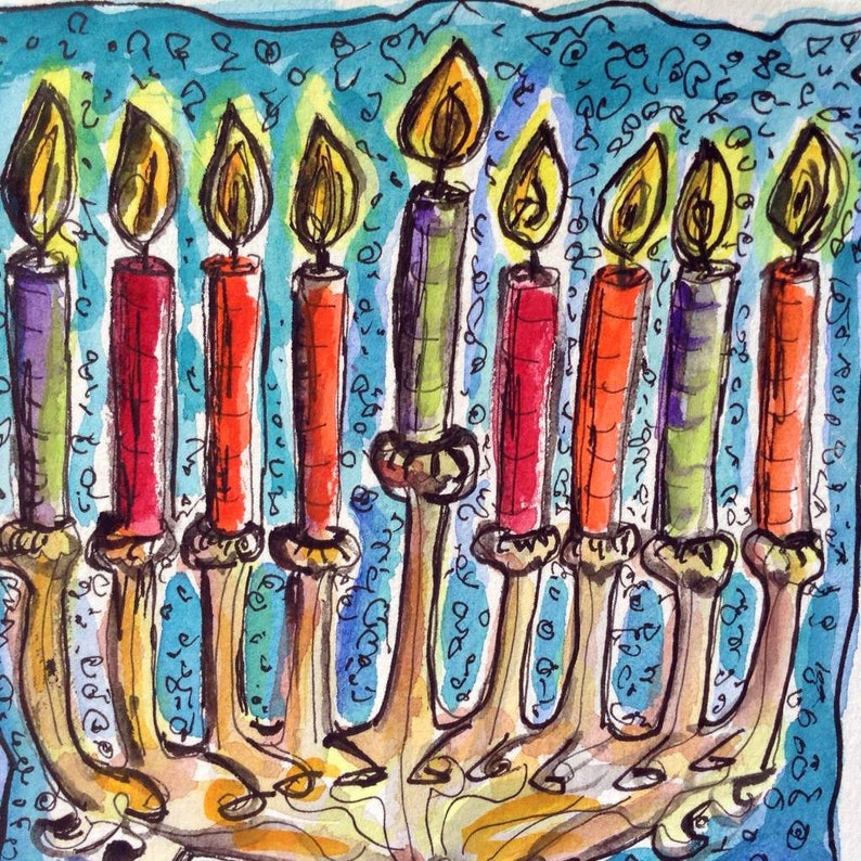Hanukkah Menorah Card Hand Painted Card Original Watercolor Etsy