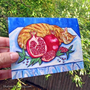 Carte de correspondance chat et grenade, grenade, Roch Hachana, Souccot, peinture chat tigré orange, minou endormi, nouvel an juif, vacances scolaires hautes