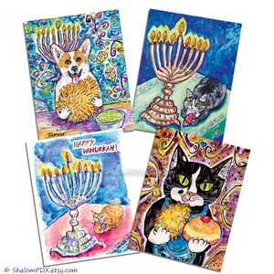 Happy Hanukkah Cards, Funny Chanukah Cat, Corgi Dog, Jewish Holidays Greeting, Latkes, Sufganiyot, Jewish Food Art, Judaica, Chanukah Menora