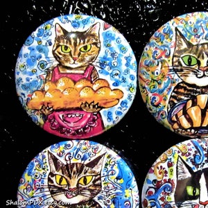 1.5&quot; Jewish Cat Magnets & Pins | Funny Judaica Food Art Set | Challah, Rugelach, Falafel, Lox Bagel | Whimsical Cat Lover Gift