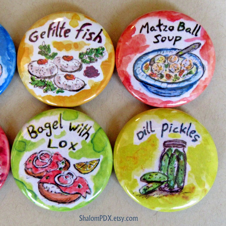 Jewish Food Magnets, Matzo Ball Soup, Passover Gift, Gefilte Fish, Bagel with Lox, Judaica Holiday Art, Shabbat Shalom, Food Illustrations, image 2