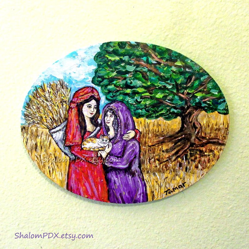 Ruth & Naomi with Their Tricolor Cat, Barley, by an Oak Tree in the Wheatfields of Bethlehem – Original Painting on oval canvas.

This painting tells the beautiful biblical story of Ruth and Naomi, along with their Calico cat, Barley, set in the peaceful wheatfields of Bethlehem under an oak tree.