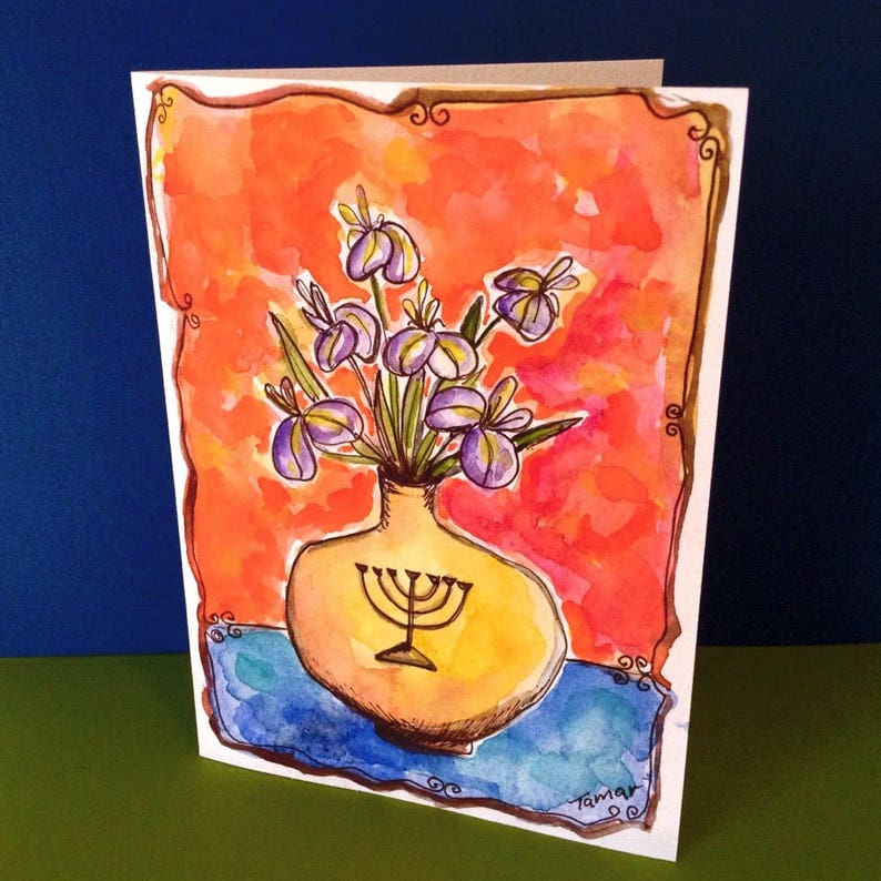 Jewish Art Judaica Gift Hand Painted Card Menorah Irises Etsy