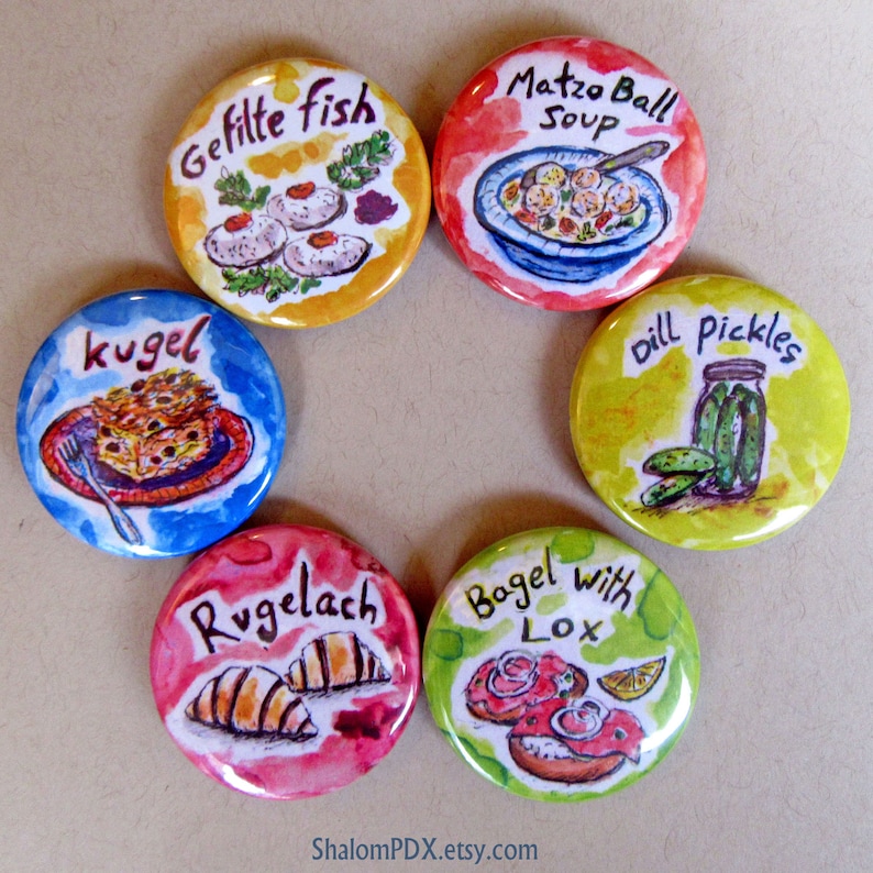 Jewish Food Magnets, Matzo Ball Soup, Passover Gift, Gefilte Fish, Bagel with Lox, Judaica Holiday Art, Shabbat Shalom, Food Illustrations, image 4