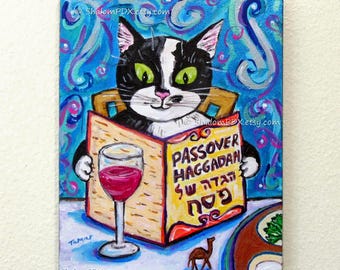タキシード猫の過越祭絵画 | オリジナルアクリルキャンバスアート | ユダヤ教徒の猫好きへの贈り物