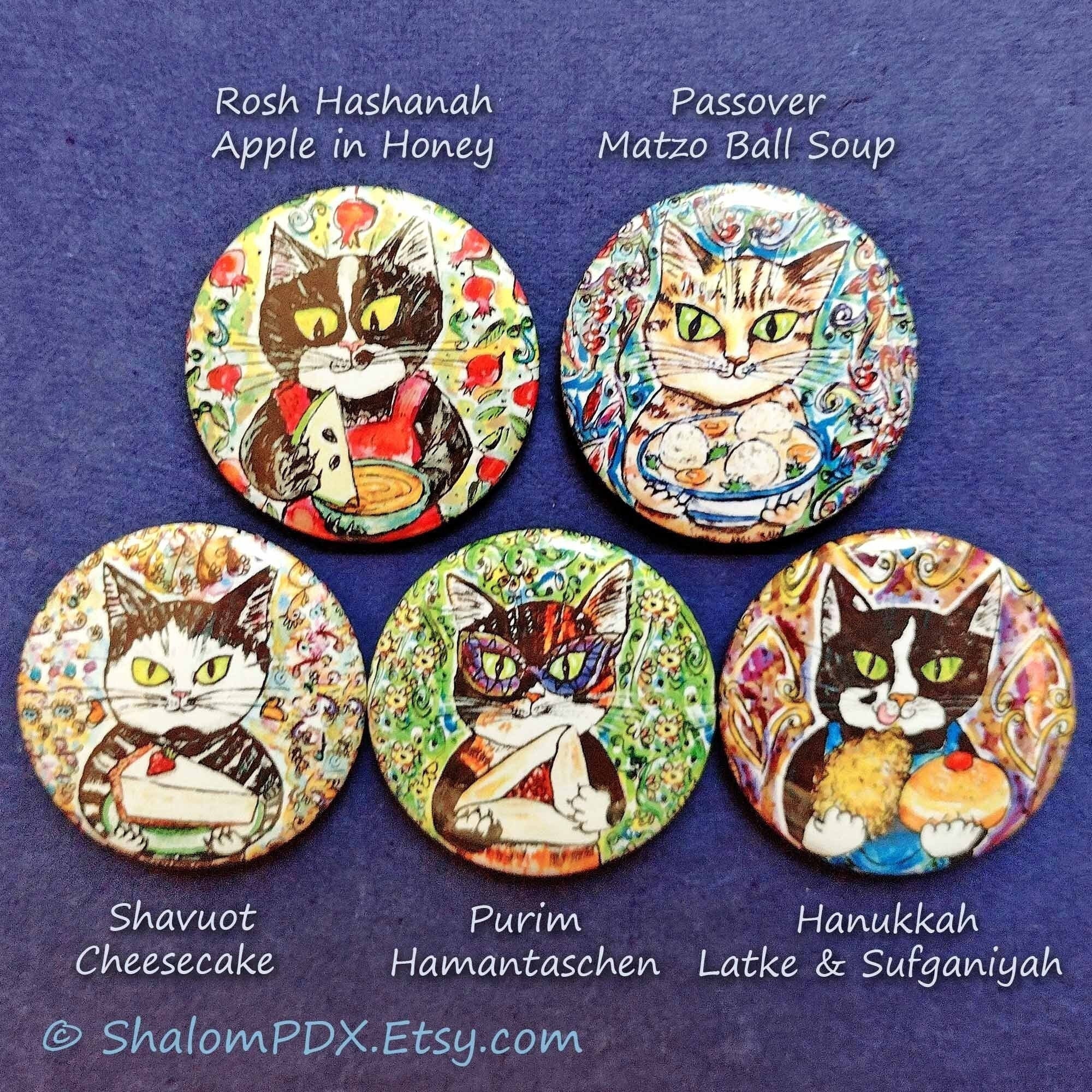Jewish Holiday Cats 1.5" Magnet Set: Hanukkah, Purim, Passover, Rosh Hashanah, Shavuot