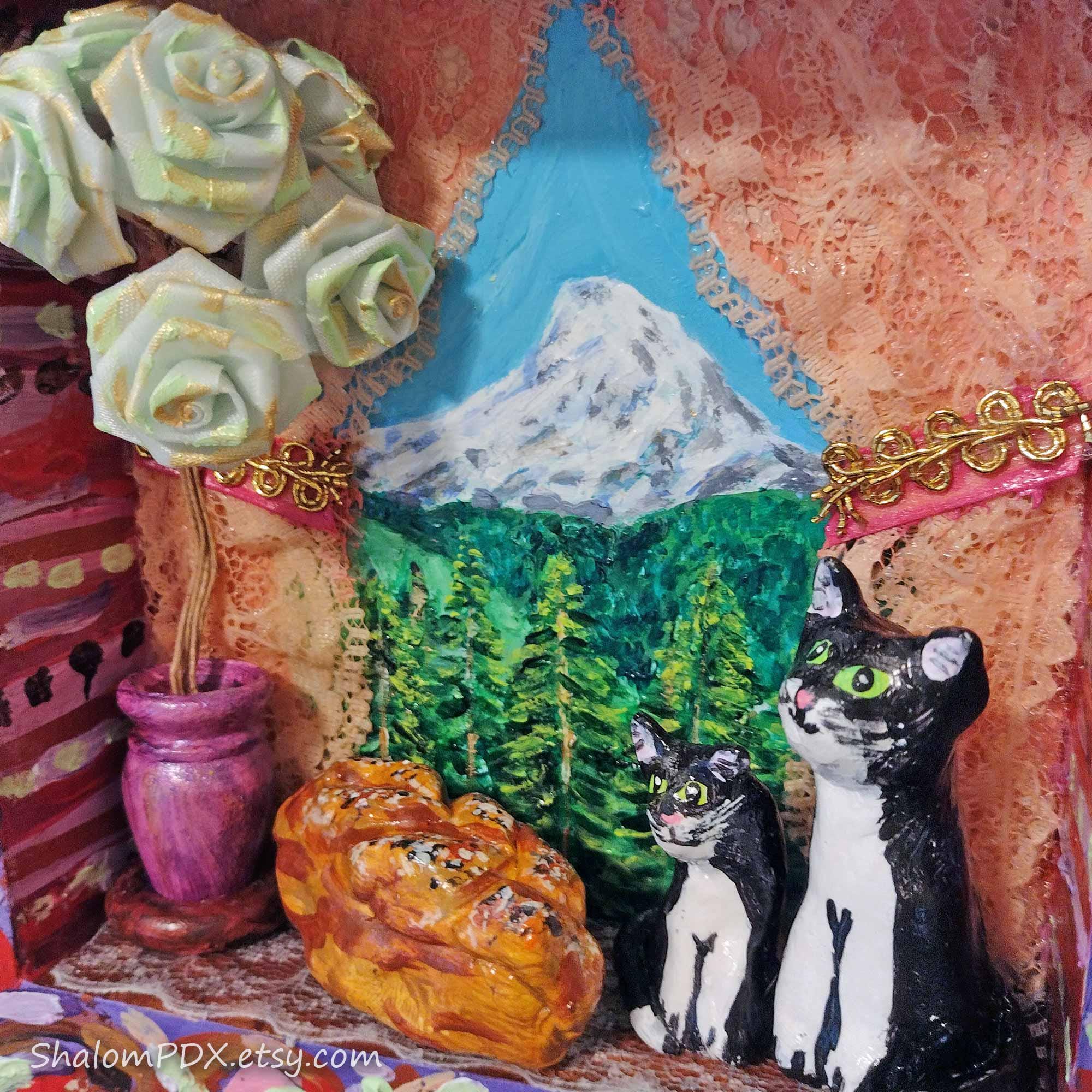 Original Cat Diorama Artwork, Mt Hood View, Shabbat Challah