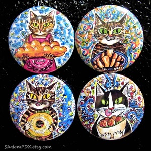 Jewish Cat Fridge Magnet Set, Jewish Food Art, Lox Bagel, Challah, Rugalach, Falafel Pita Bread, Whimsical Judaica, Funny Cat Themed Kitchen image 2