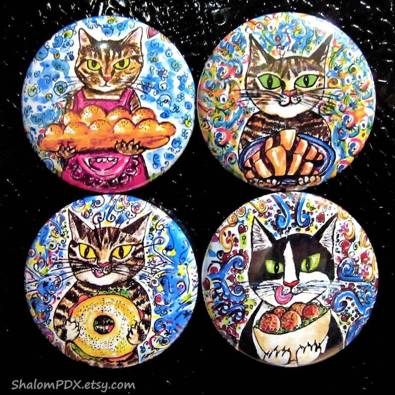 Jewish Cat Fridge Magnet Set, Jewish Food Art, Lox Bagel, Challah, Rugalach, Falafel Pita Bread, Whimsical Judaica, Funny Cat Themed Kitchen image 2