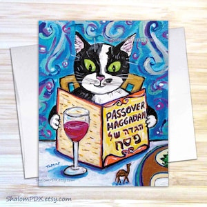 Tarjetas de Pascua, Gato Tuxedo leyendo la Hagadá, Arte Judío Fantasioso, Sameach de Pésaj, Tarjeta de Felicitación Navideña Única para Amantes de los Gatos