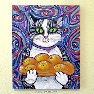 Tuxedo Cat Challah Painting | Original Acrylic Canvas Art | Whimsical Judaica Wall Art