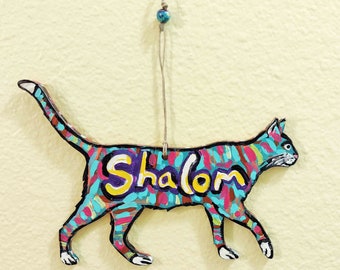 Shalom Cat Sign, Cat Lover Gift, Funny Judaica Wall Art, Gift for Cat Mom, Original Painting on Wood, Cat for Peace, Jewish Decoration