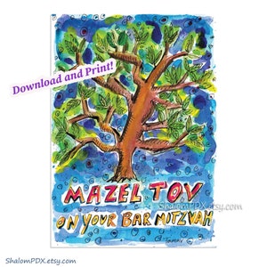 Download digitale, Carta Bar Mitzvah stampabile, Albero della vita, Mazel Tov sul tuo Bar Mitzvah, Stampa pittura ad acquerello, Opera d'arte Judaica