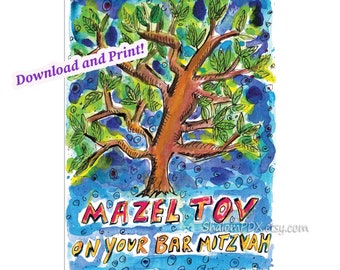 Digital Download, Printable Bar Mitzvah Card, Tree of Life, Mazel Tov On Your Bar Mitzvah, Watercolor Painting Print, Judaica Artwork
